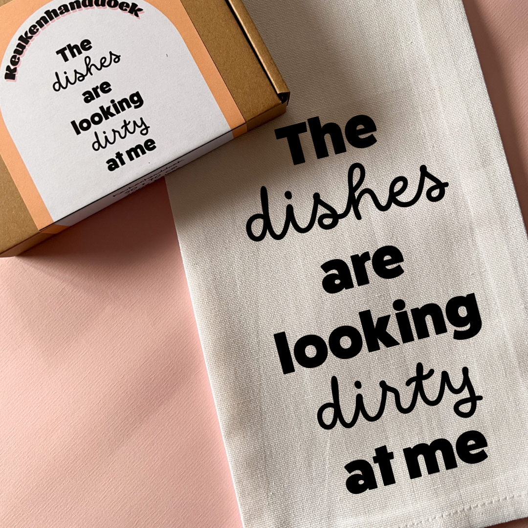 Grappige witte keukenhanddoek - Dirty dishes