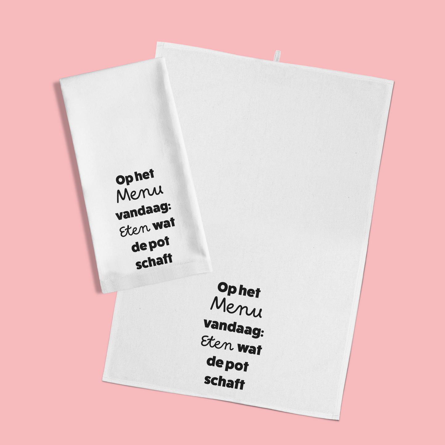 Grappige witte keukenhanddoek - Eten wat de pot schaft