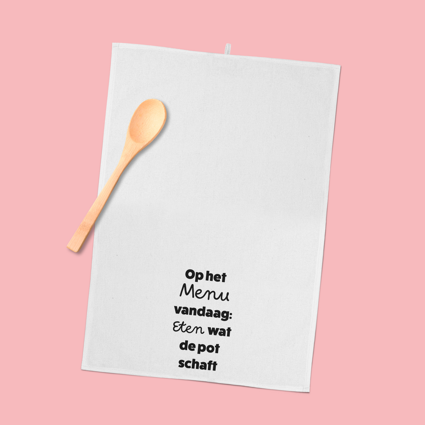 Grappige witte keukenhanddoek - Eten wat de pot schaft