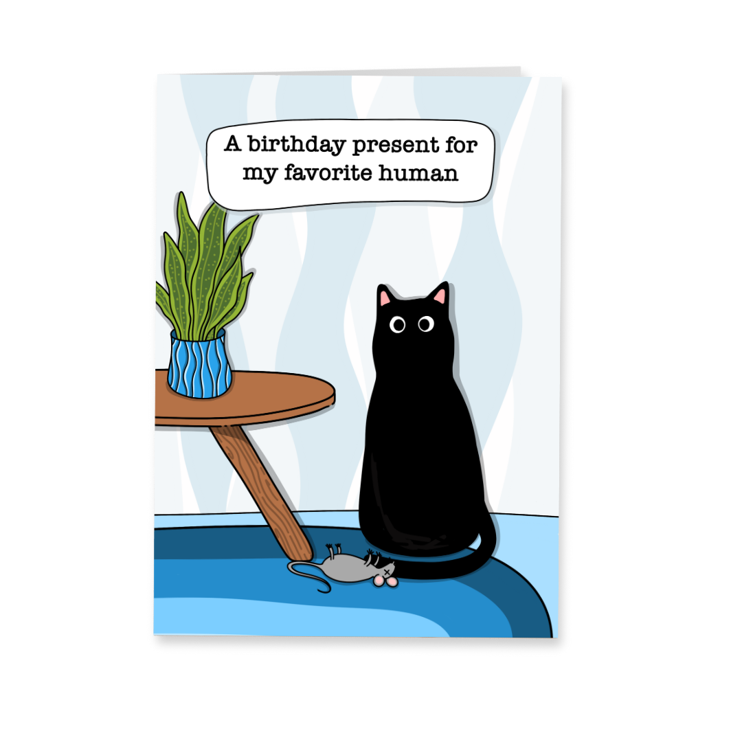 Wenskaart verjaardag - Cat present mouse