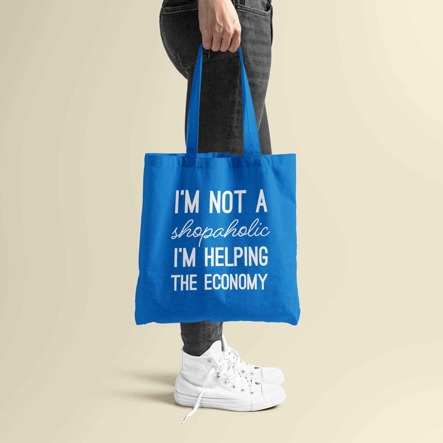 Tote bag - I'm not a shopaholic - Korenbloem blauw