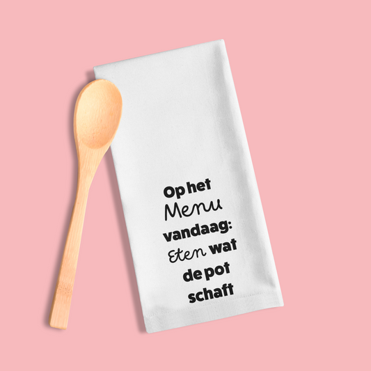 Grappige witte keukenhanddoek - Eten wat de pot schaft