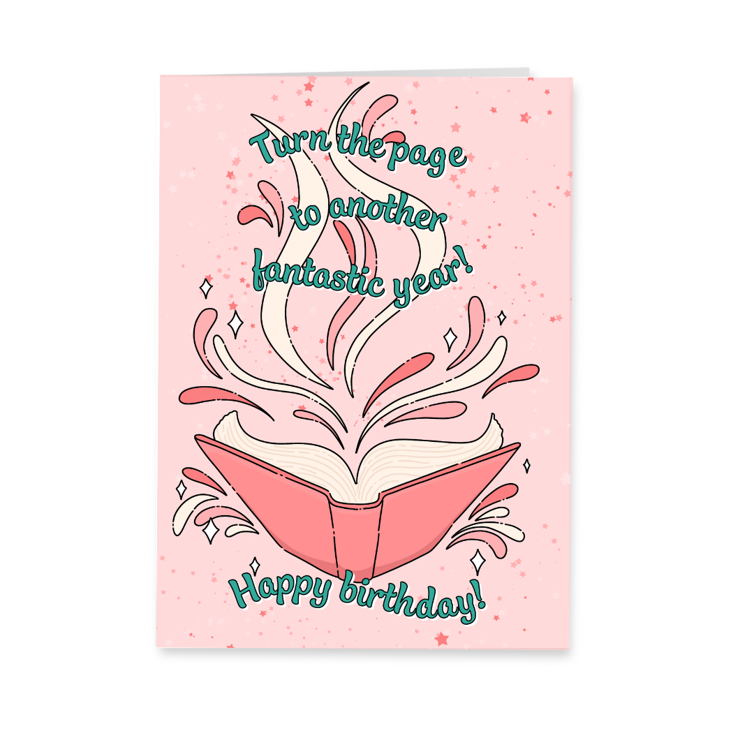 Oudroze verjaardagskaart met sprankelende sterren en een magisch opengeklapt boek waar sierlijke wervelingen uit opstijgen, met de tekst 'Turn the page to another fantastic year! Happy birthday!'.
