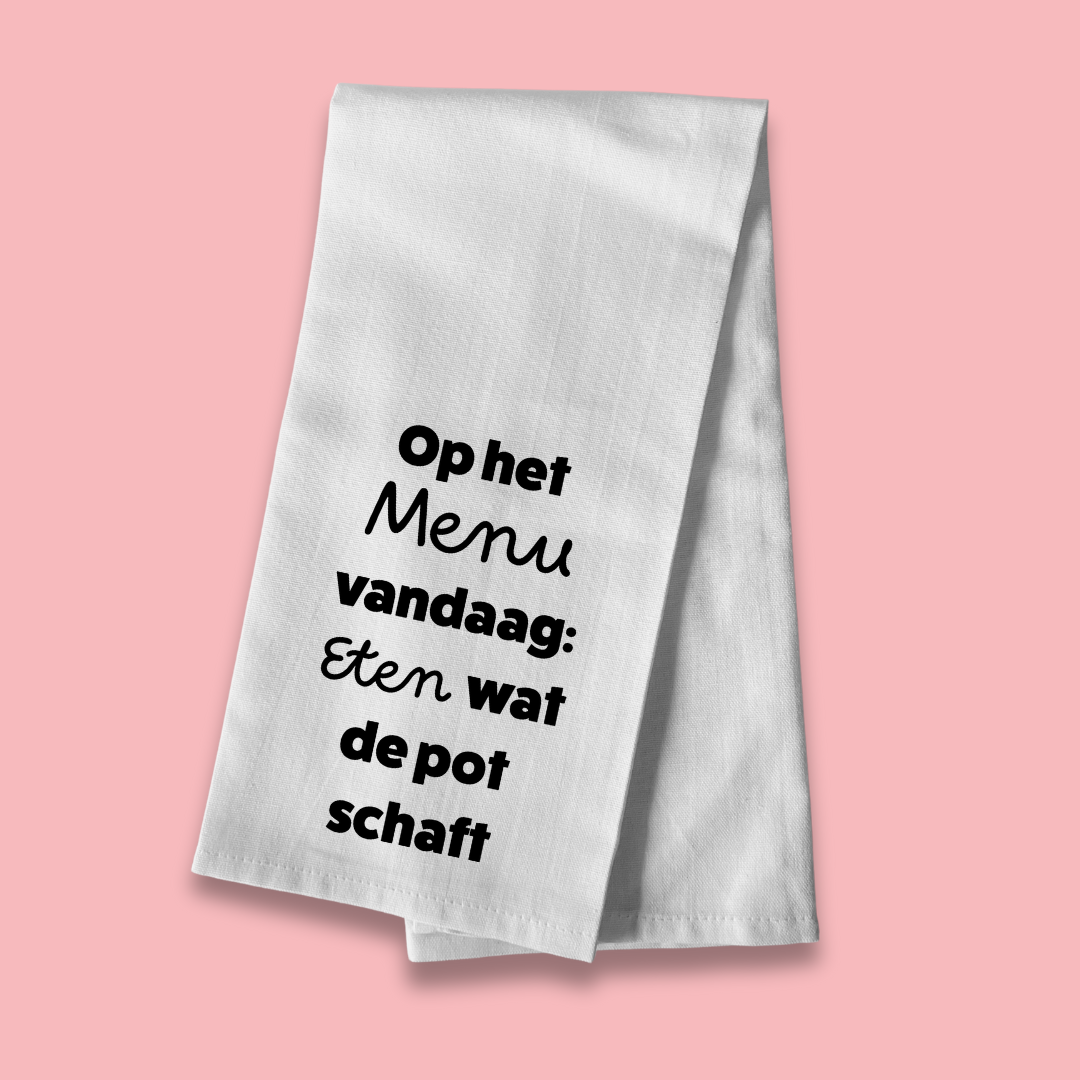 Grappige witte keukenhanddoek - Eten wat de pot schaft